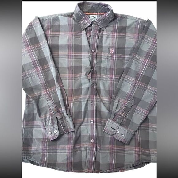 Cinch Plaid Shirt Button Down Mens Brown Medium Western Long Sleeve Cowboy - Picture 1 of 8